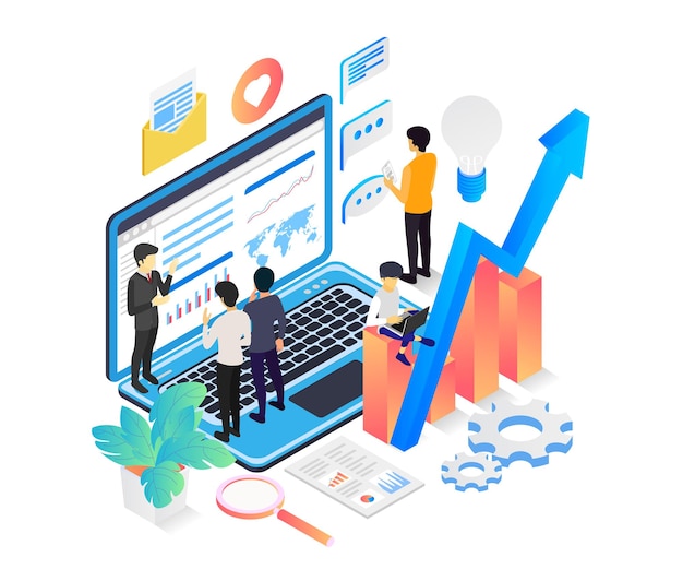 Ilustración de estilo isométrico del análisis de datos SEO del sitio web con carácter y computadora portátil