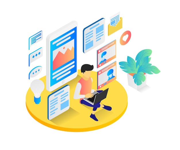 Ilustración de estilo isométrico de un blogger con su computadora portátil creando contenido atractivo