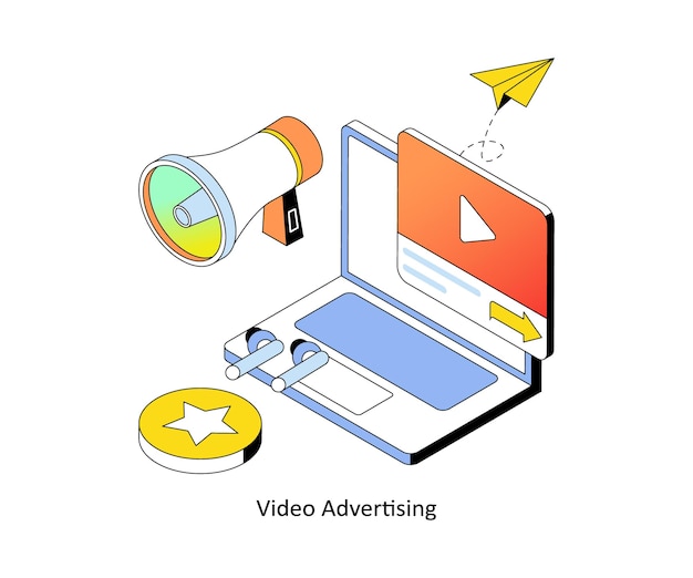 Ilustración de estilo isométrico con gradiente vectorial de publicidad de video EPS 10