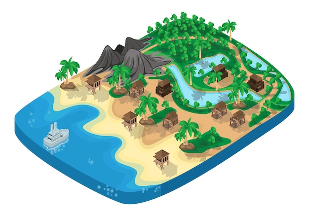 Ilustración de estilo isométrico del mapa del campo costero con casas de tablones y camino de tierra