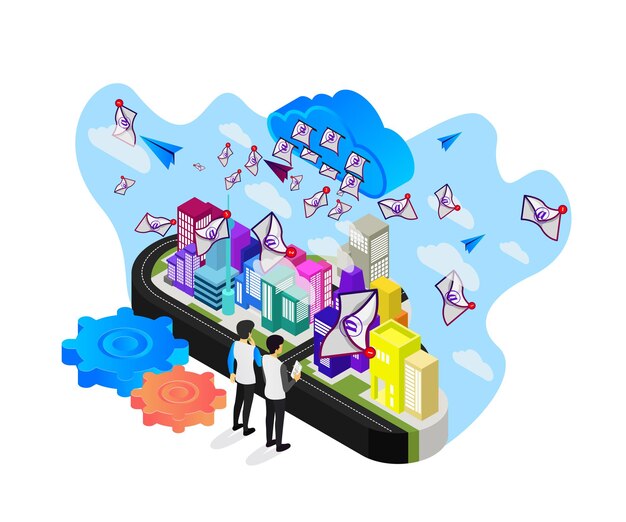 Ilustración de estilo isométrico del mapa en forma de nube con ciudades y notificaciones por correo electrónico