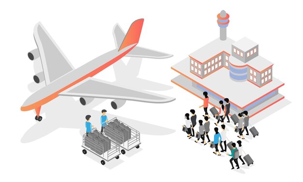 Vector ilustración de estilo isométrico de personas que se dirigen a aviones en el corredor del aeropuerto