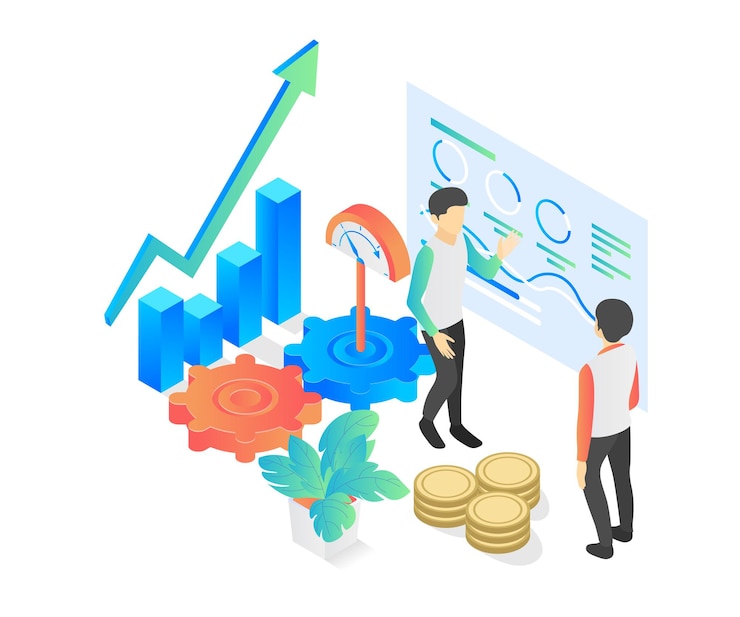Vector ilustración de estilo isométrico de presentación de herramientas de refuerzo de crecimiento empresarial