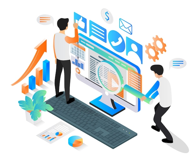 Ilustración de estilo isométrico sobre análisis de seo de contenido de sitios web y blogs