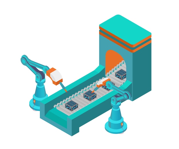 Vector ilustración de estilo isométrico sobre una máquina transportadora y un robot trabajando juntos