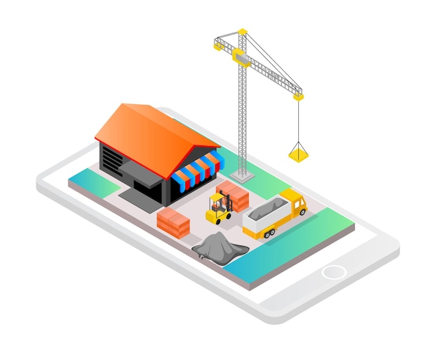 Ilustración de estilo isométrico sobre una tienda de construcción en un teléfono inteligente o en línea