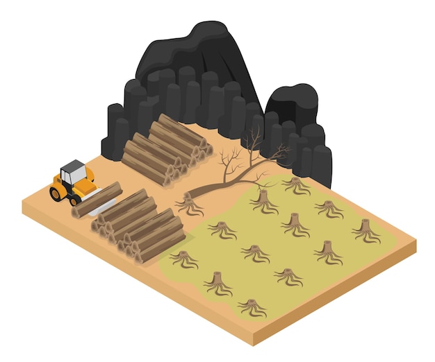 Ilustración de estilo isométrico de la tala y la producción de madera.