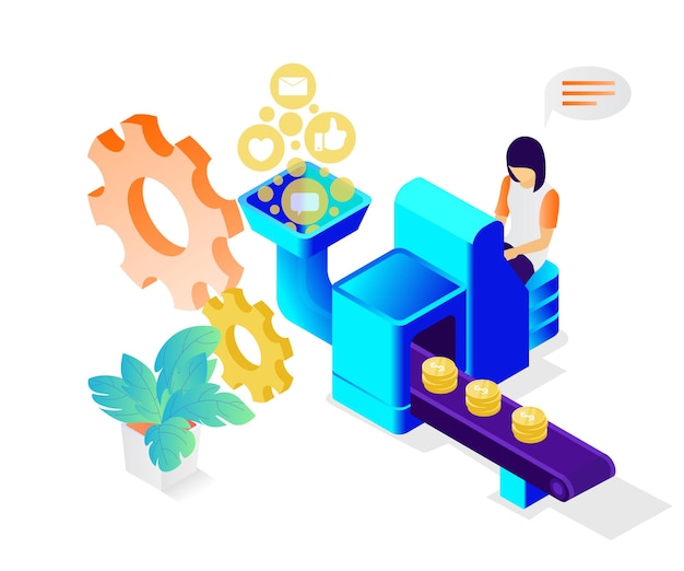 Ilustración de estilo isométrico de transportador de marketing de fabricante de dinero