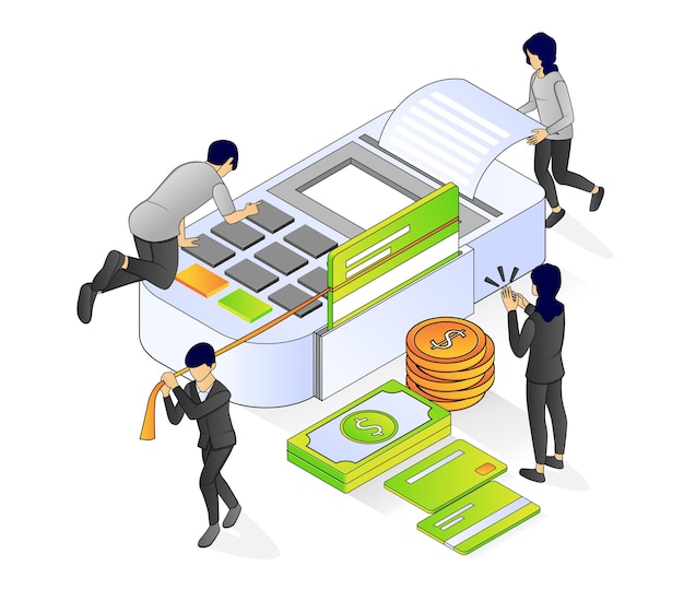 Ilustración de estilo isométrico de vector premium sobre banca y finanzas con un personaje