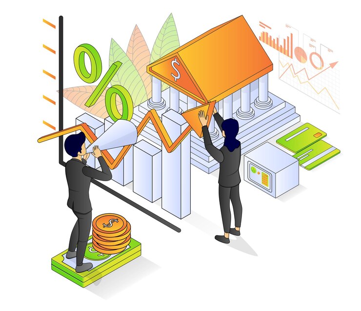 Vector ilustración de estilo isométrico de vector premium sobre banca y finanzas con un personaje
