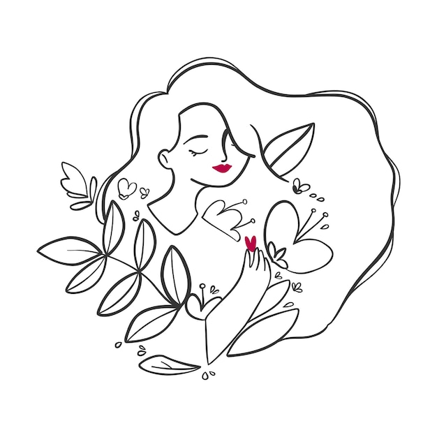 Ilustración en un estilo lineal minimalista con un hermoso retrato femenino en flores para peluqueros salones de belleza cosmética orgánica spa impresión joyería