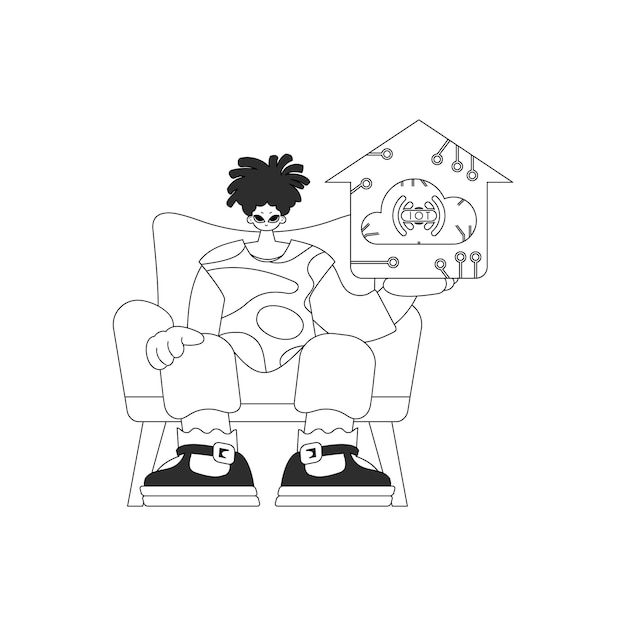 Ilustración de estilo lineal vectorial de un hombre que sostiene el logotipo de Internet de las cosas