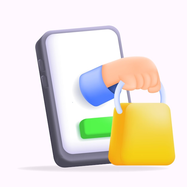 Ilustración de estilo minimalista vectorial 3D de compras en línea con icono de bolsa de mano desde un teléfono inteligente