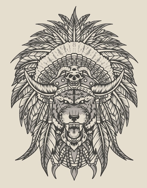 Ilustración estilo monocromático indio apache tigre