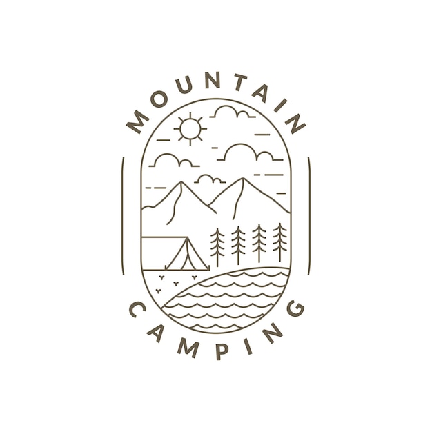 Ilustración del estilo de monolina o arte de línea de montaña y acampada