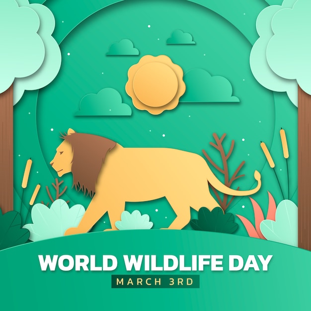 Vector ilustración de estilo de papel para el día mundial de la vida silvestre con flora y fauna.