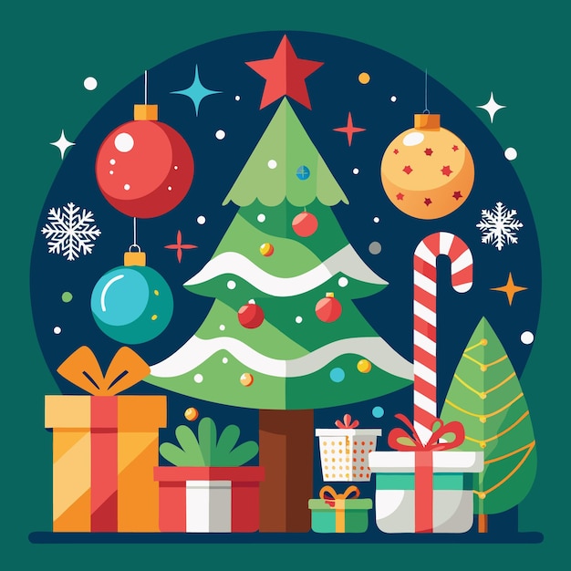 Una ilustración de estilo plano de un árbol de Navidad con adornos regalos caña de caramelo y estrella en la parte superior