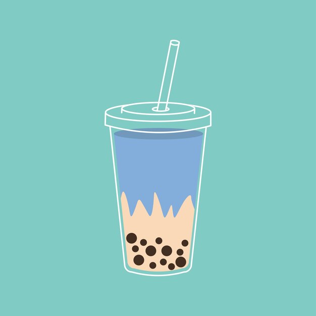 Ilustración de estilo plano de una bebida de té de burbujas en una taza transparente con una pajita con crema