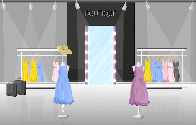 Vector ilustración de estilo plano de boutique de vestido y zapatería