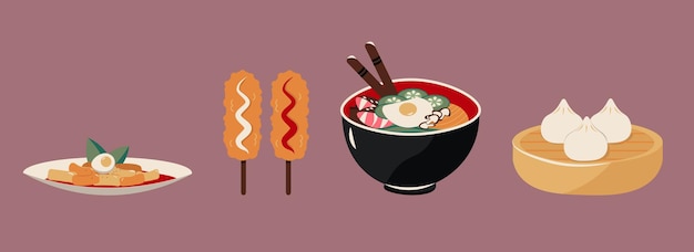 Ilustración de estilo plano de la cocina asiática con albóndigas de ramen corndog y Tteokbokki