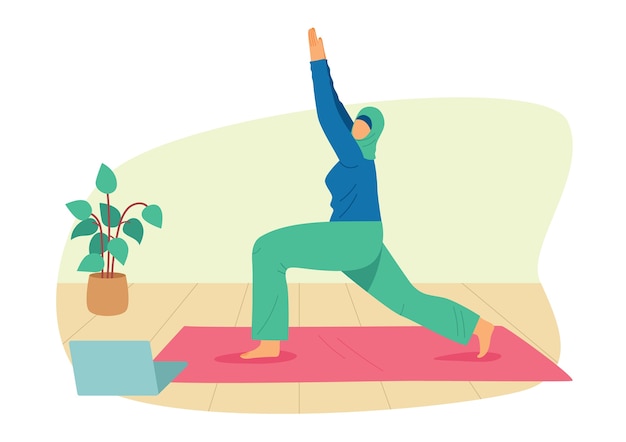 Ilustración de estilo plano coloreado. Una niña con hijab practica yoga en casa. Mujer musulmana trabajando en casa en línea. Chica en ropa deportiva sobre una estera se encuentra en una asana