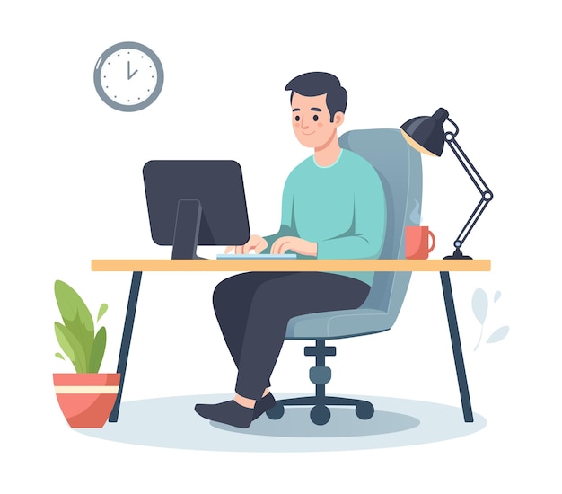 Ilustración de estilo plano Concepto de trabajo desde el hogar Hombre que trabaja en computadora desde el hogar