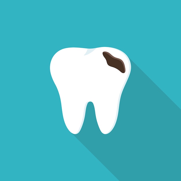 Ilustración de estilo plano de un diente blanco con una cavidad con un icono de vector de agujero para el cuidado dental