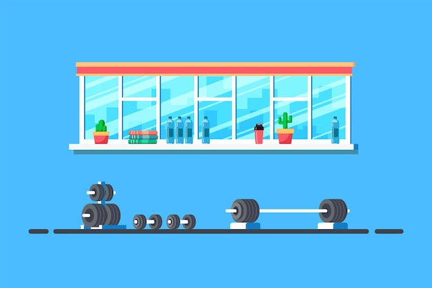 Ilustración de estilo plano del interior del gimnasio. Barra pesada para peso muerto y equipamiento adicional de gimnasio.