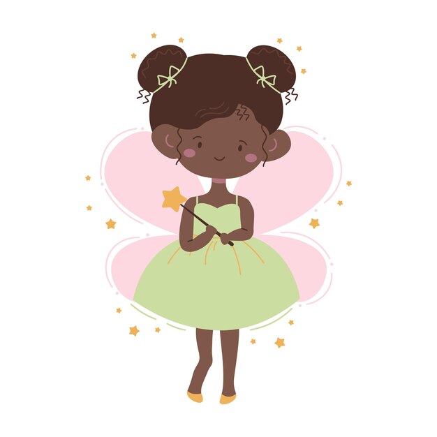 Ilustración de estilo plano de una linda hada negra sosteniendo una varita mágica rodeada de estrellas doradas