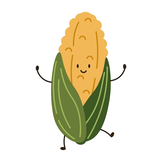 Ilustración de estilo plano de un maíz con cara feliz ideal para proyectos de cocina de alimentación saludable y