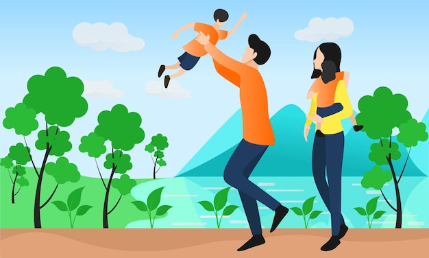 Vector ilustración de estilo plano de padre y madre sosteniendo a sus hijos felices