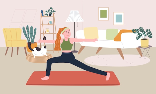 Ilustración de estilo plano del personaje de dibujos animados mujer hacer yoga o entrenamiento en la sala de estar. actividad de la vida diaria durante la cuarentena. concepto de ideas de hobby que puede hacer en casa.