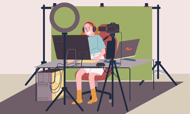 Vector ilustración de estilo plano del personaje de mujer de dibujos animados en vivo en el estudio casero con equipos de juego profesionales, pantalla verde, cámara réflex digital, luz de anillo, computadora de juego y computadora portátil.