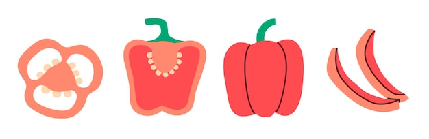 Ilustración de estilo plano de un pimiento rojo entero cortado por la mitad en anillos y tiras Diseño minimalista perfecto para proyectos culinarios educativos o de estilo de vida saludable