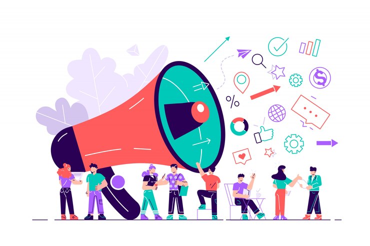 Vector ilustración, estilo plano, promoción empresarial, publicidad, llamada a través del claxon. ilustración de diseño moderno de estilo plano para página web, tarjetas, póster, redes sociales