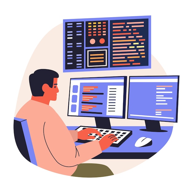 Una ilustración de estilo plano que representa la programación de software