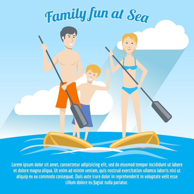 Ilustración de estilo plano, retrato familiar de 3 personas, vacaciones familiares, montar en las tablas, lugar para el texto. Se puede utilizar como postal, póster, pancarta, invitación de hotel, diseño en blanco