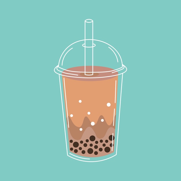 Ilustración de estilo plano de una taza de plástico llena de té de burbujas con perlas de boba y una tapa de cúpula