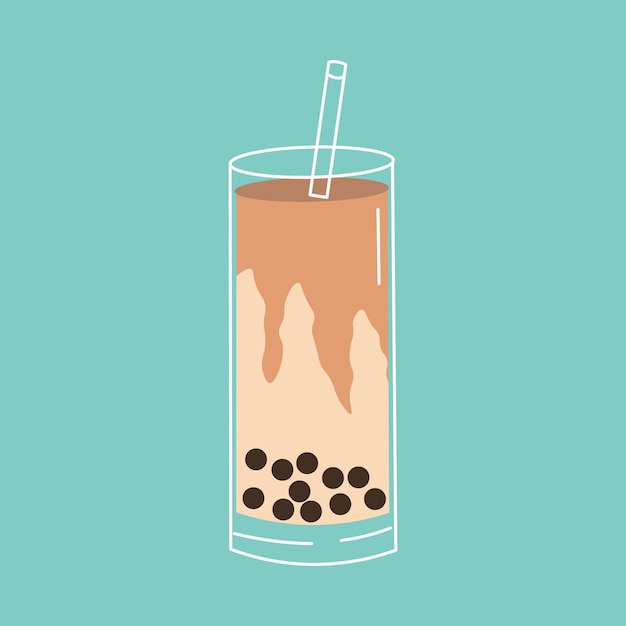 Ilustración de estilo plano de un vaso alto de té de burbujas de azúcar marrón con perlas de tapioca y una pajita