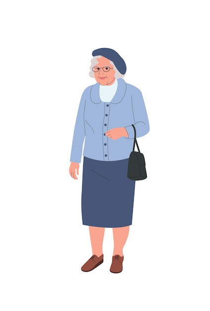 Vector ilustración de estilo plano vectorial de mujer anciana con cuerpo completo con bolso aislado