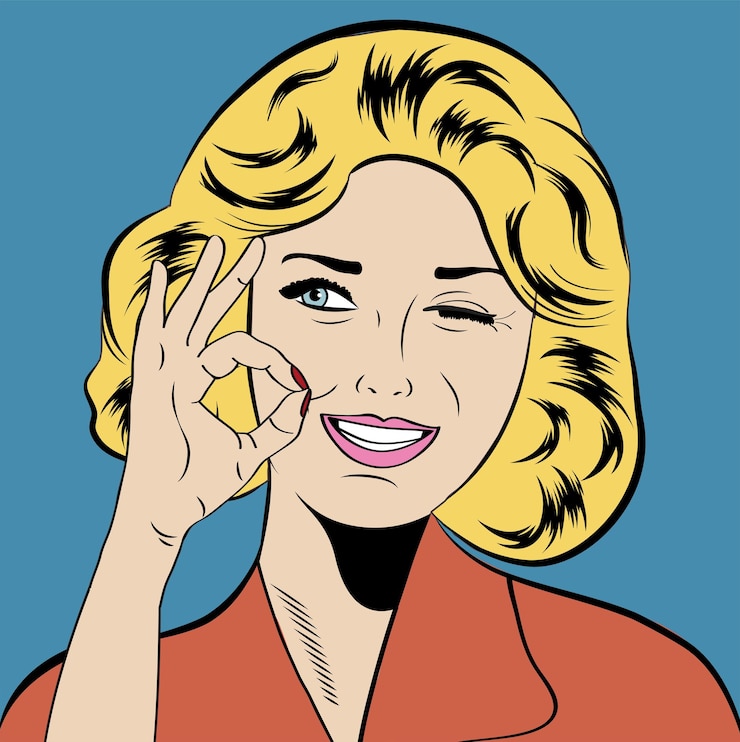 Vector ilustración de estilo pop de expresión de mujer sonriente guiñando el ojo con fondo azul