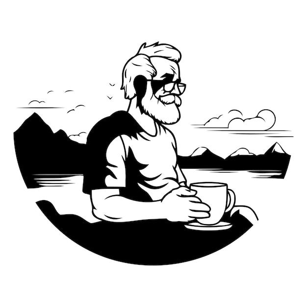 Ilustración de estilo retro de un anciano bebiendo café en la playa