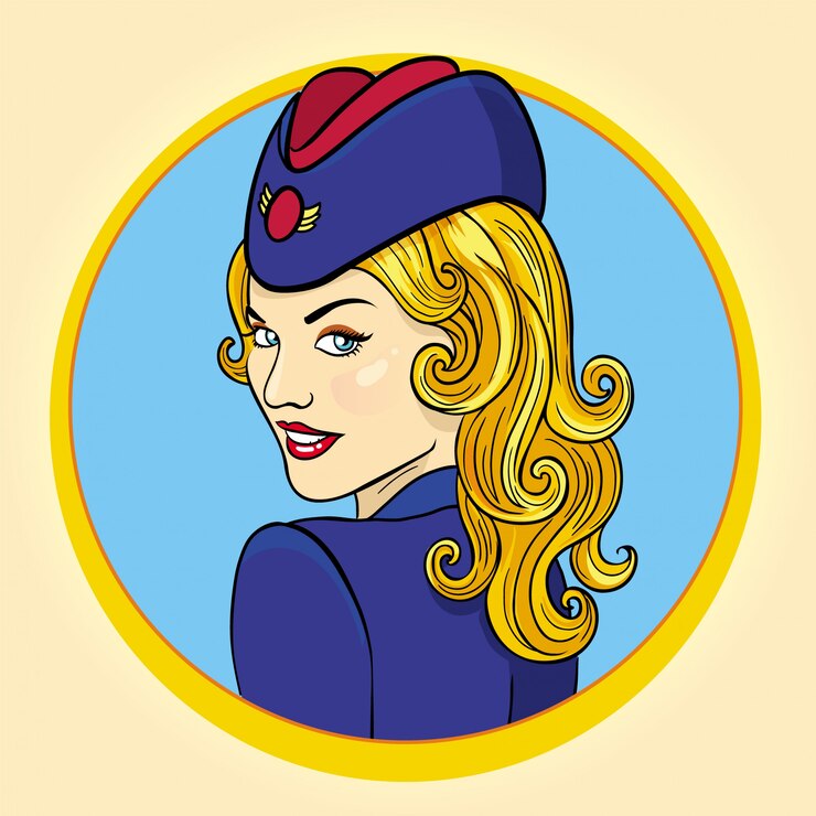 Vector ilustración de estilo retro de azafata. mujer aviador.