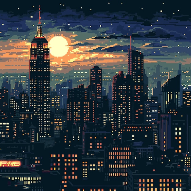 Ilustración en estilo retro de la ciudad pixel de fondo