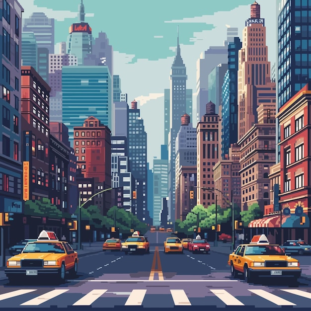 Ilustración en estilo retro de la ciudad pixel de fondo