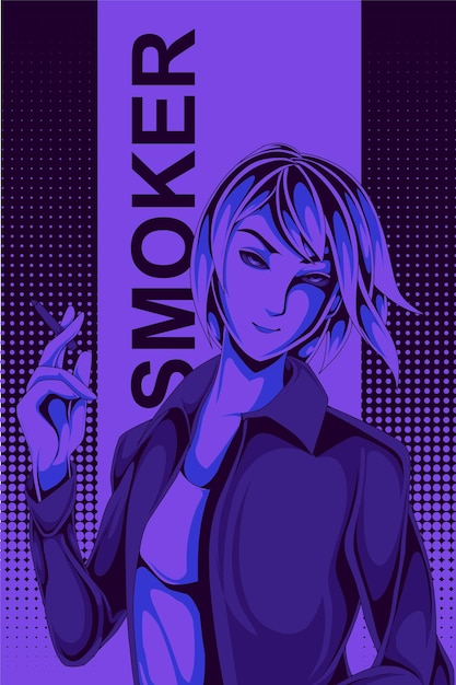 ilustración de estilo de semitono retro de anime de dibujos animados de fumador de belleza