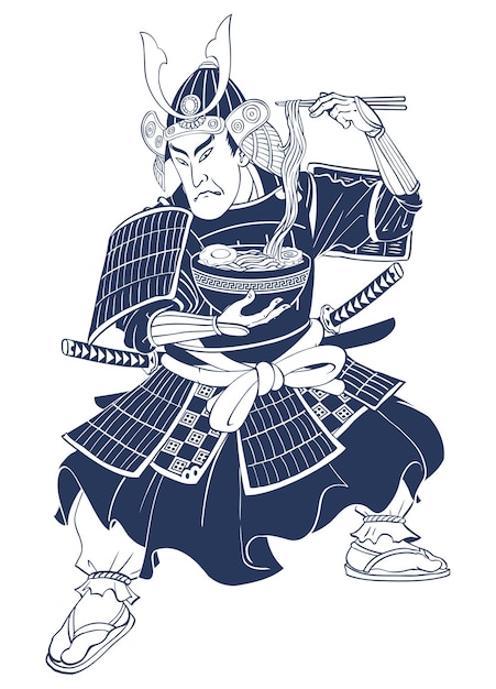 Ilustración de estilo Ukiyo E de samurai comiendo ramen ilustración vectorial aislada