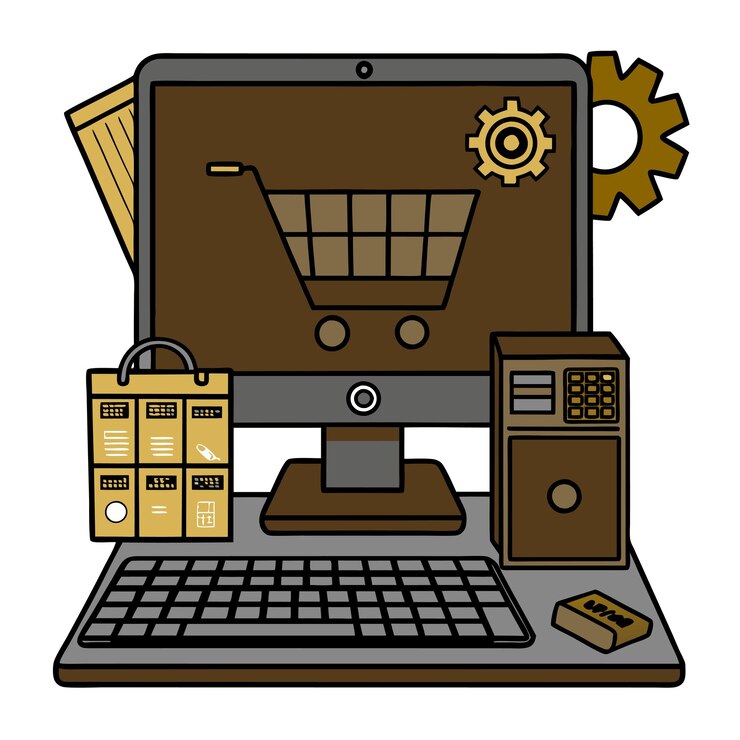 Vector ilustración de estilo vectorial plano de concepto tecnológico con elementos de diseño de comercio electrónico