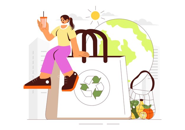 Ilustración de estilo de vida de cero residuos con residuos plásticos que se clasifican en un contenedor de reciclaje para procesar la sostenibilidad y la conciencia ambiental