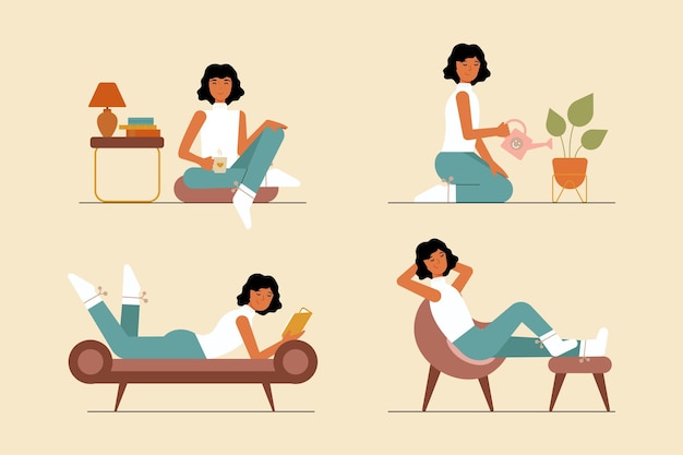 Ilustración de estilo de vida de hygge dibujado a mano plana con personas
